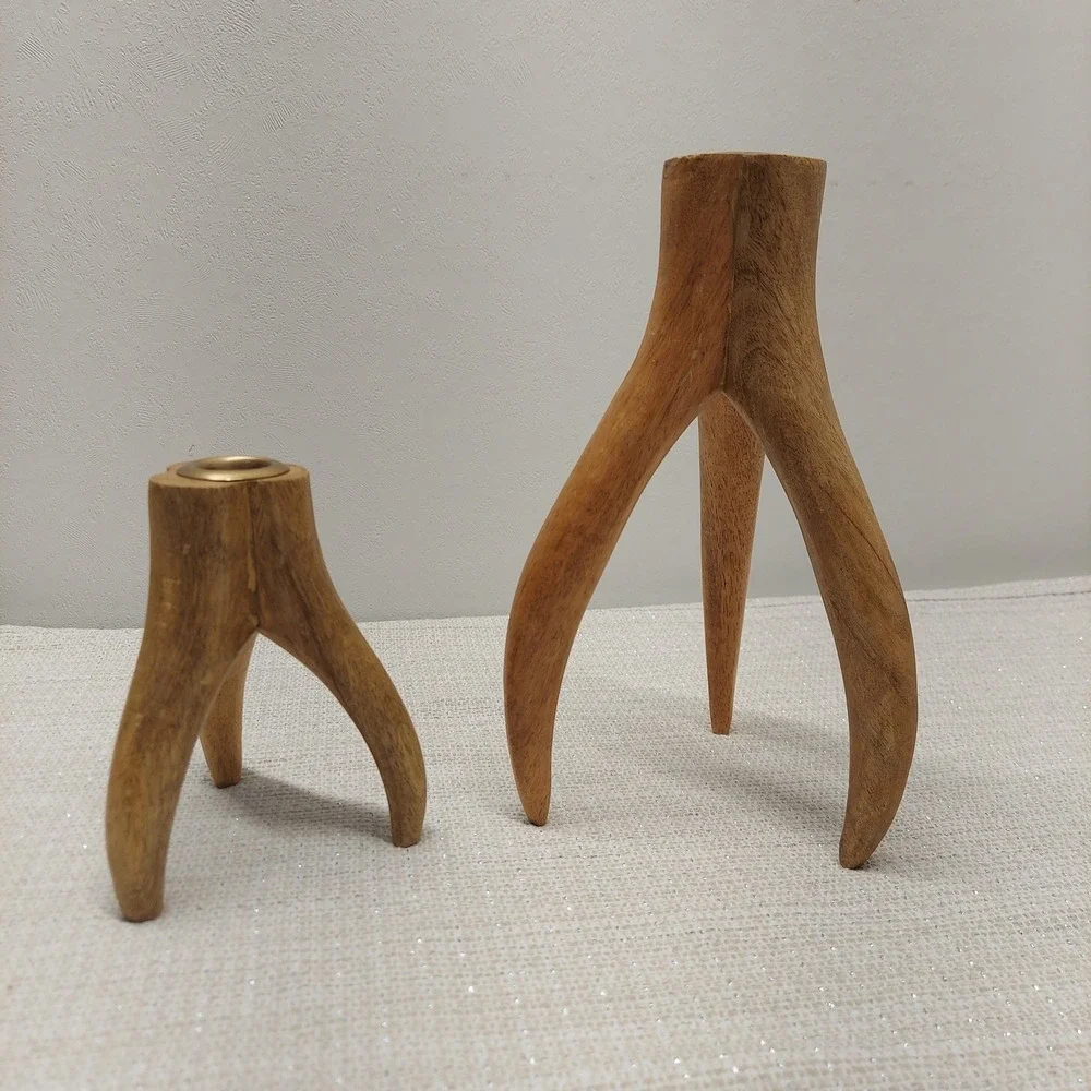 Vintage Mid Century Modern Wood‎ Antler Taper Candle Holders Set of 2